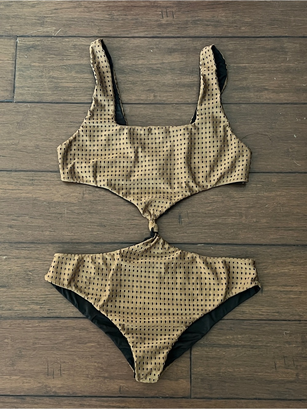 ACACIA Hideaway One Piece Swimsuit M Tan Black Perforated Mesh Cutout